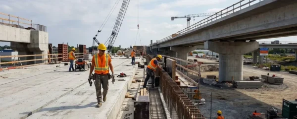 Ouvriers de chantier travaillant sur la construction d'un pont moderne en béton, avec grues et équipements de levage visibles sous un ciel lumineux