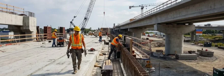 Ouvriers de chantier travaillant sur la construction d'un pont moderne en béton, avec grues et équipements de levage visibles sous un ciel lumineux