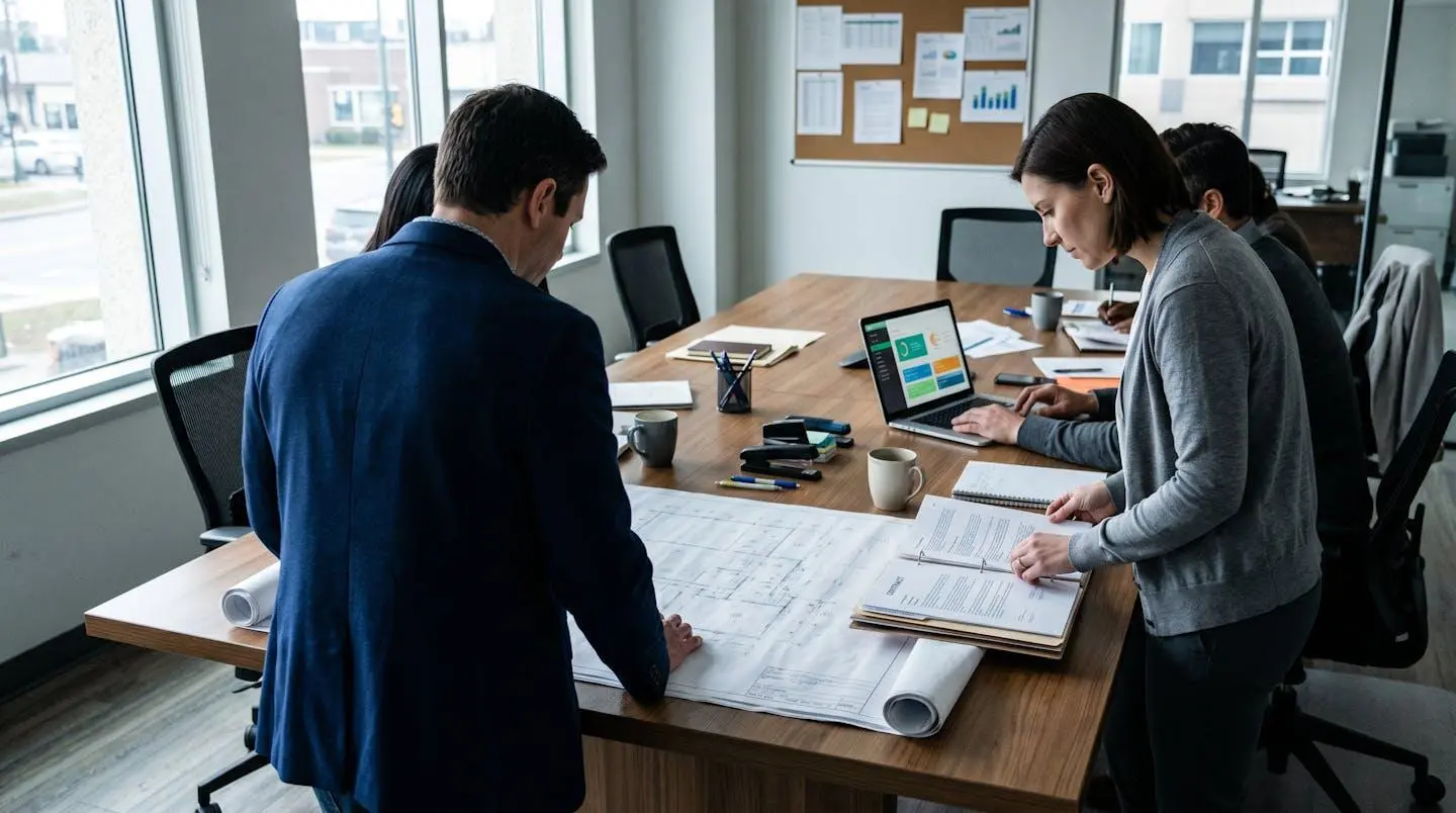 Professionnels en réunion autour d'une table de bureau, examinant des documents contractuels et des plans de chantier, lumière naturelle provenant d'une fenêtre